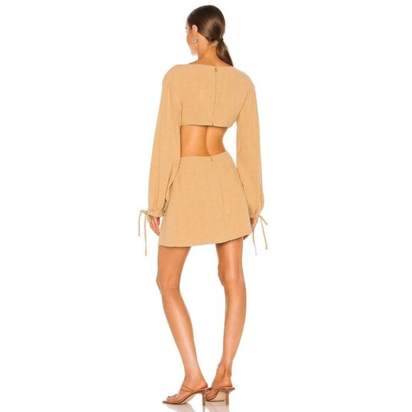 L'ACADEMIE Alora Tan Linen Blend Cut Out w/ Buckle Mini Dress, Size L - Picture 3 of 11